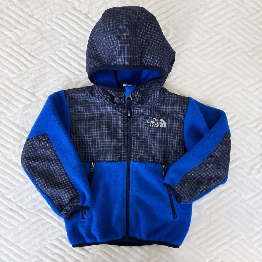 The North Face Toddler 2T Denali Hooded Fleece Jacket Blue Plaid Full Zip Kids